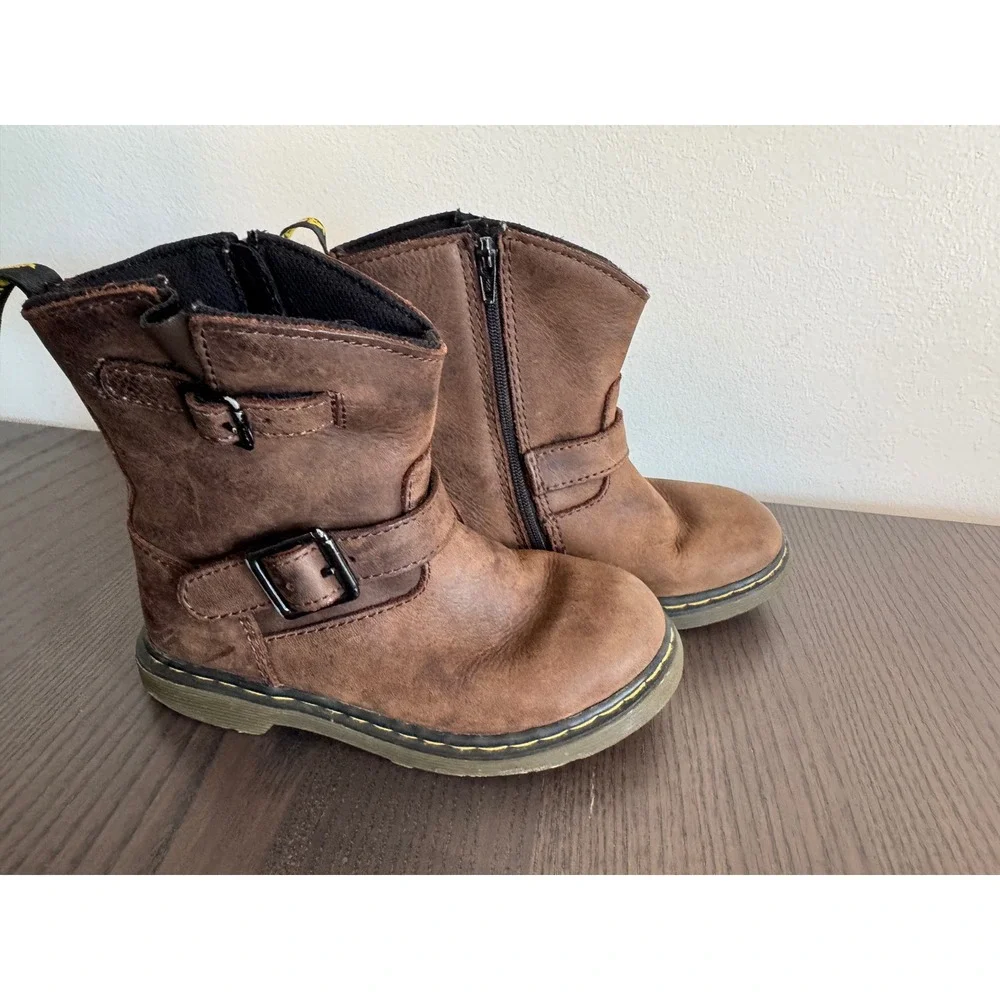 Dr. Martens Jiffy Biker Boots Boys Size 10 Brown Buckle Side Zip airwair